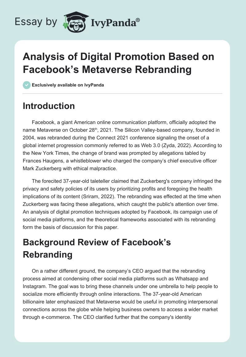 Analysis of Digital Promotion Based on Facebook’s Metaverse Rebranding. Page 1