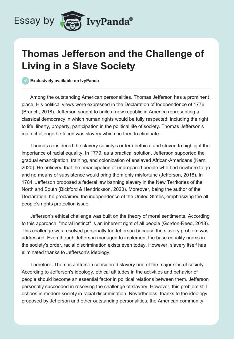 Thomas Jefferson and the Challenge of Living in a Slave Society. Page 1