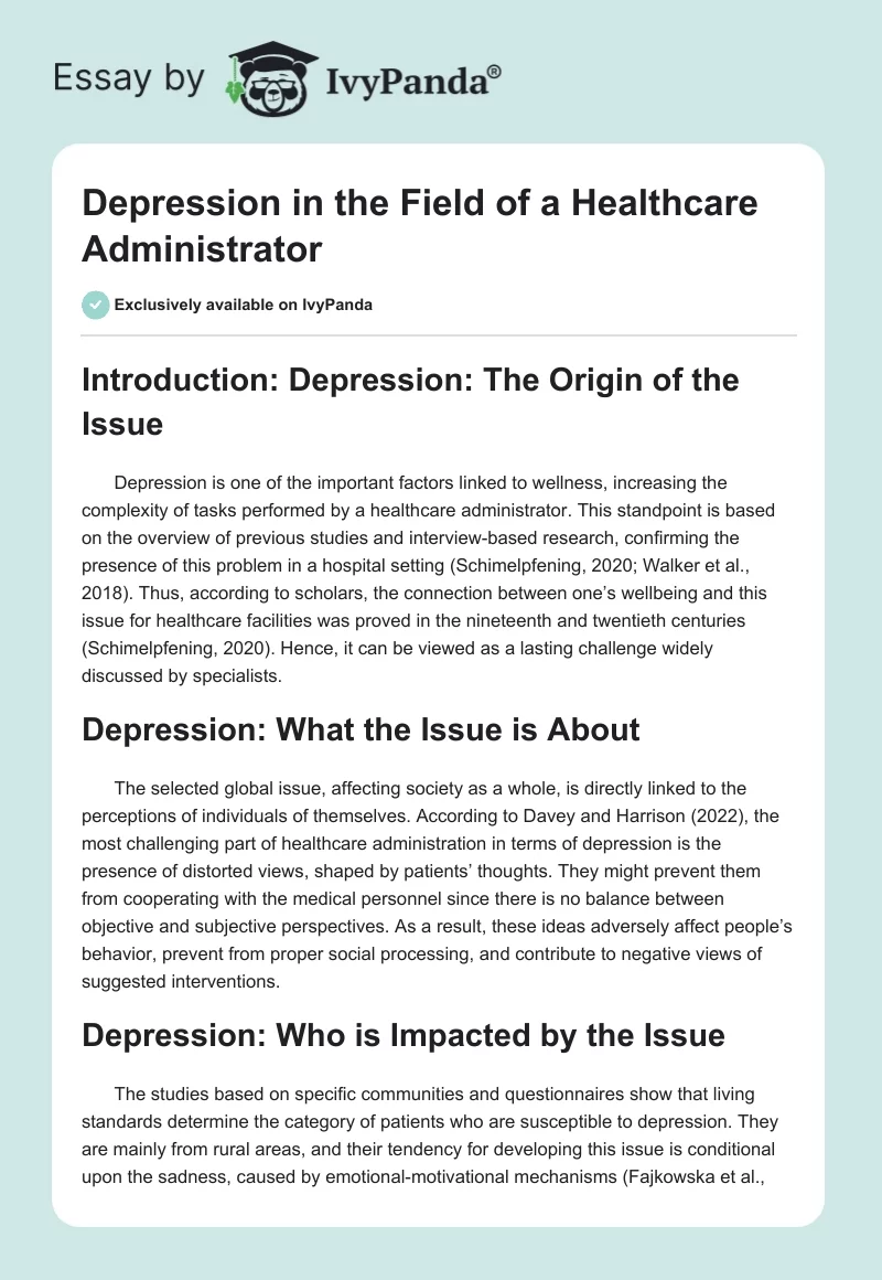 Depression in the Field of a Healthcare Administrator. Page 1
