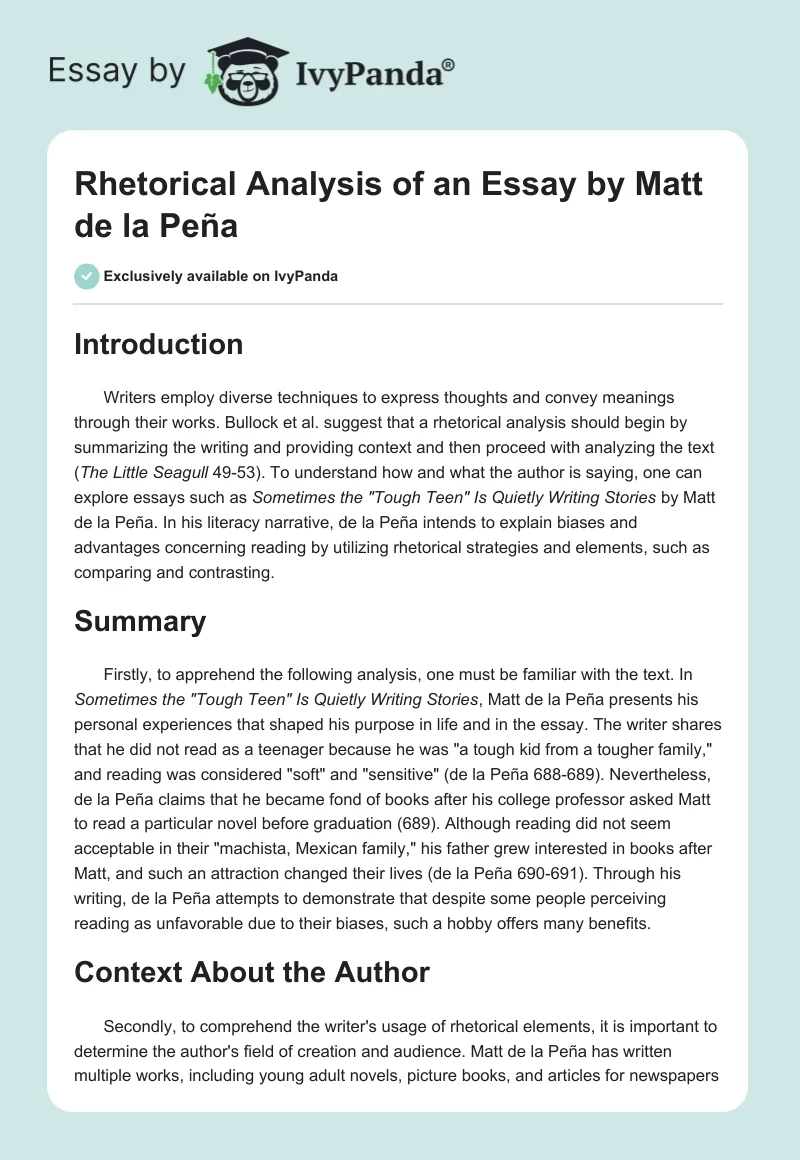 Rhetorical Analysis of an Essay by Matt de la Peña. Page 1
