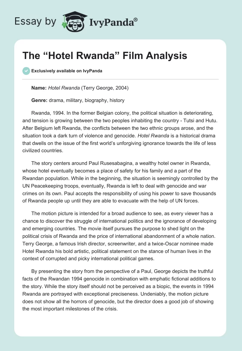 The “Hotel Rwanda” Film Analysis. Page 1