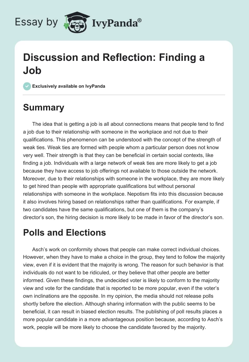 Discussion and Reflection: Finding a Job. Page 1
