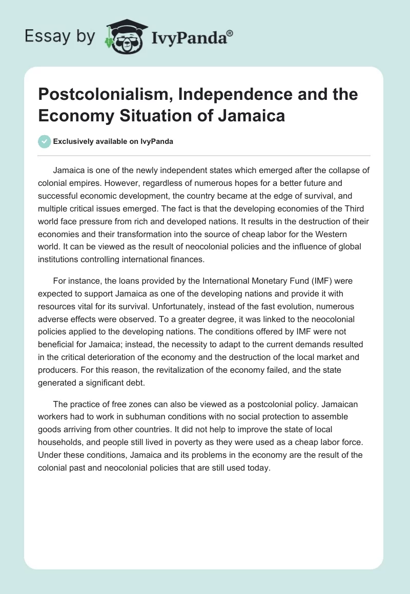 Postcolonialism, Independence and the Economy Situation of Jamaica. Page 1