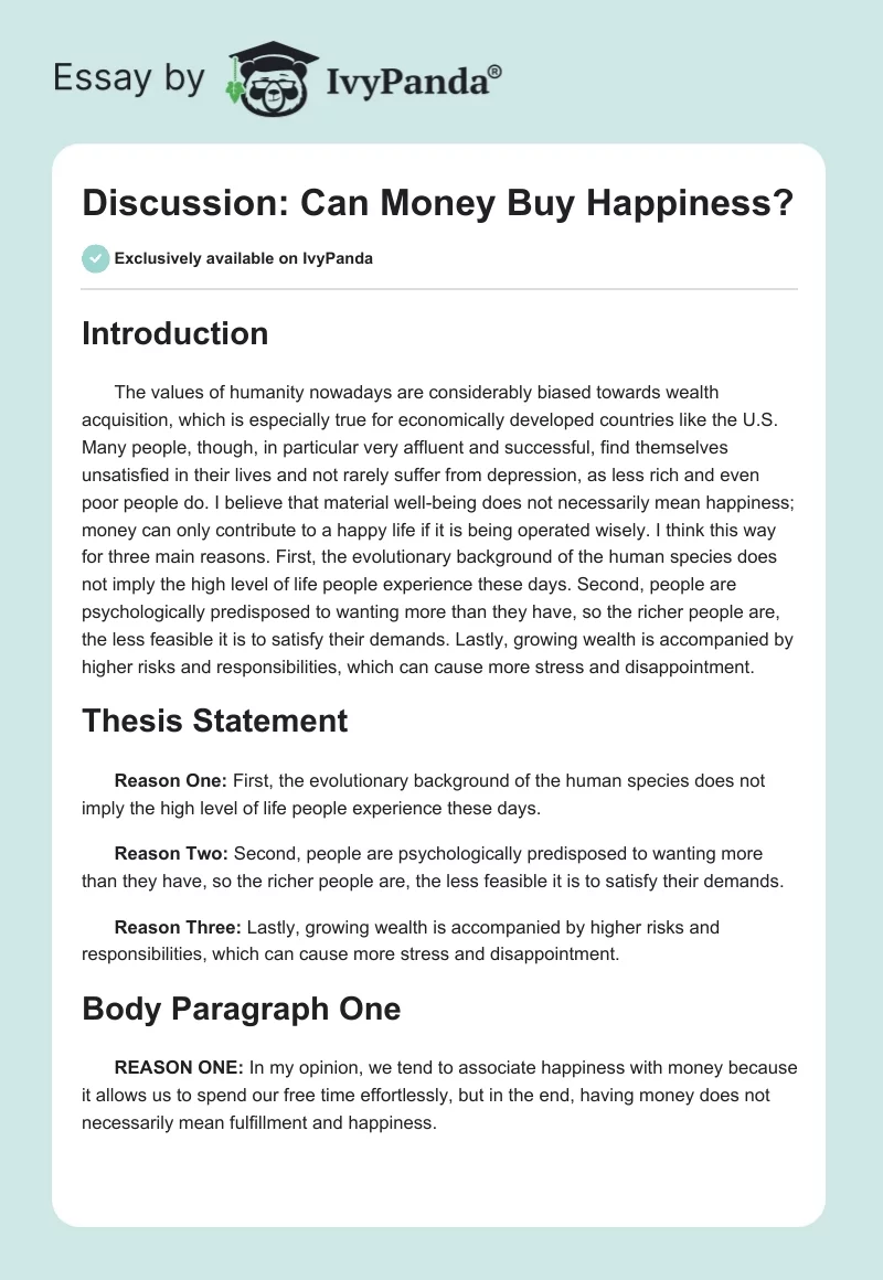 can money buy happiness essay example