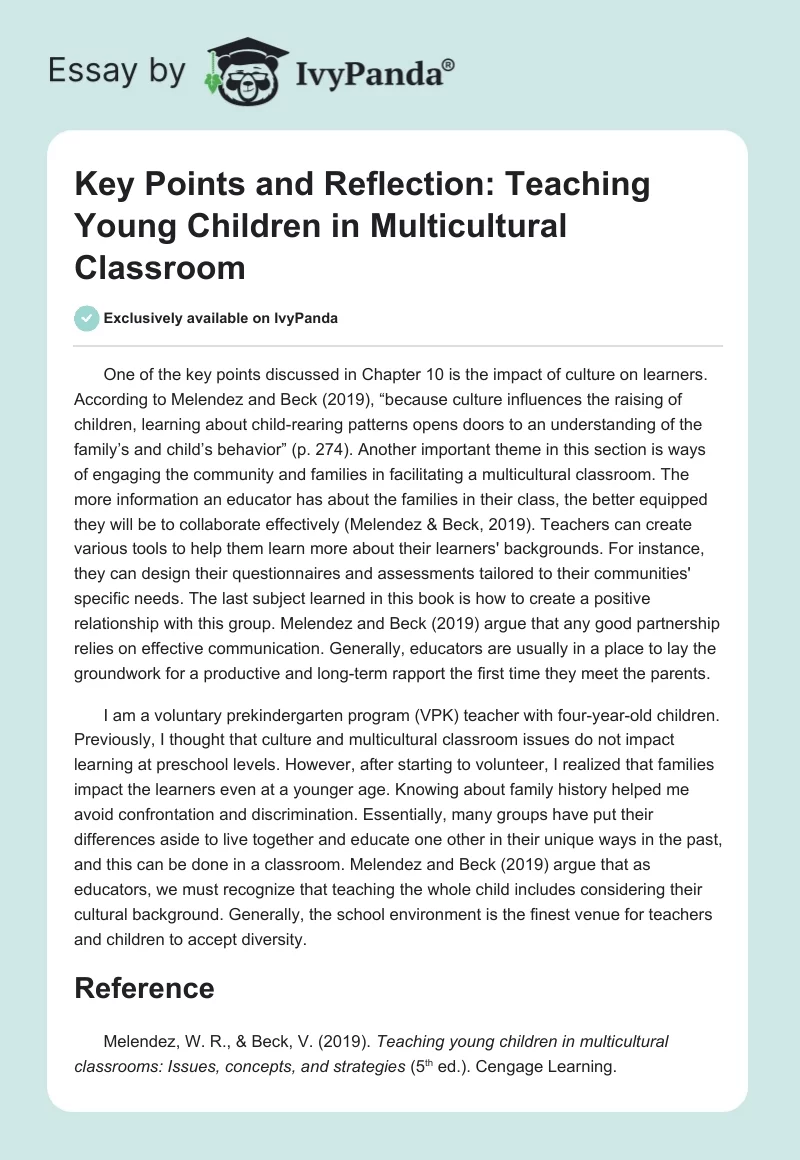Key Points and Reflection: Teaching Young Children in Multicultural Classroom. Page 1