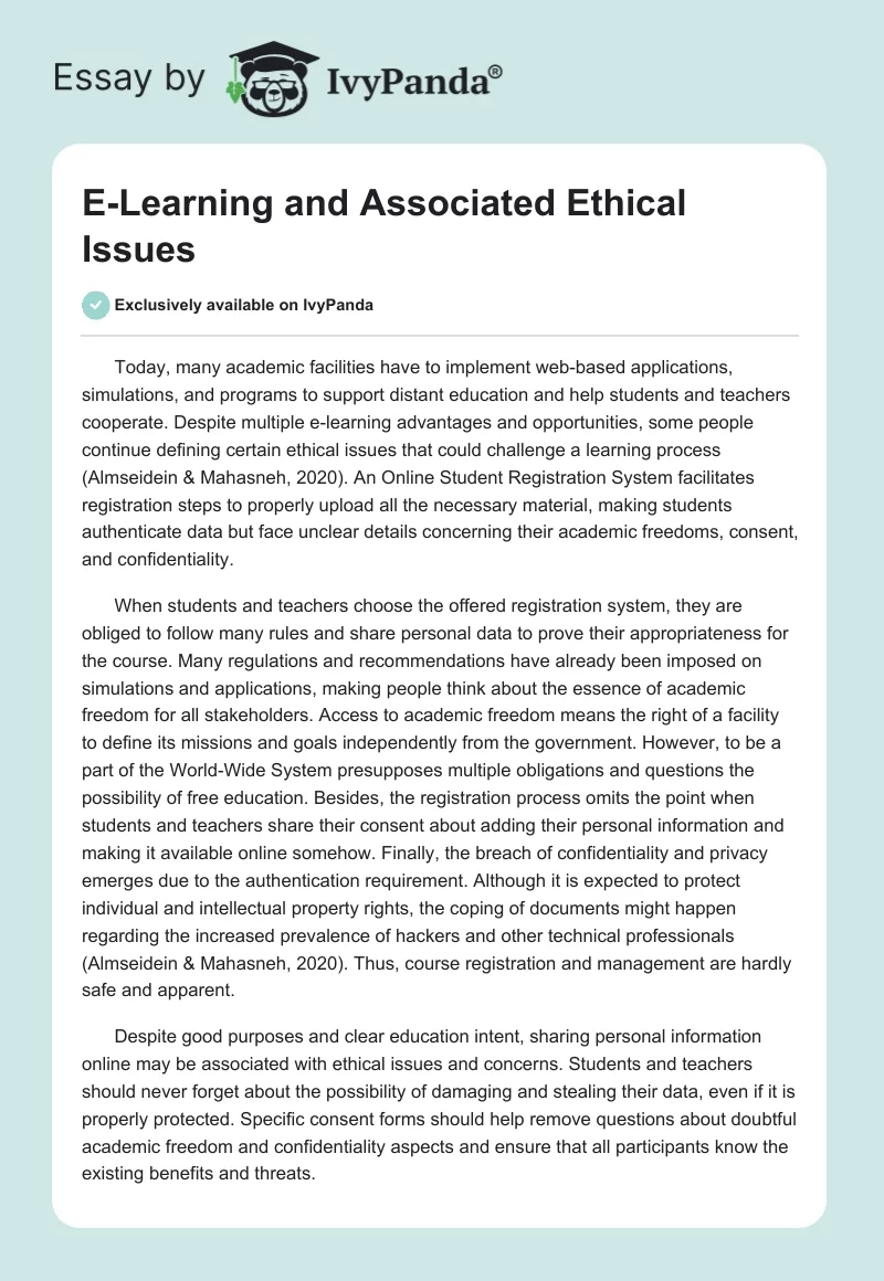 E-Learning and Associated Ethical Issues. Page 1