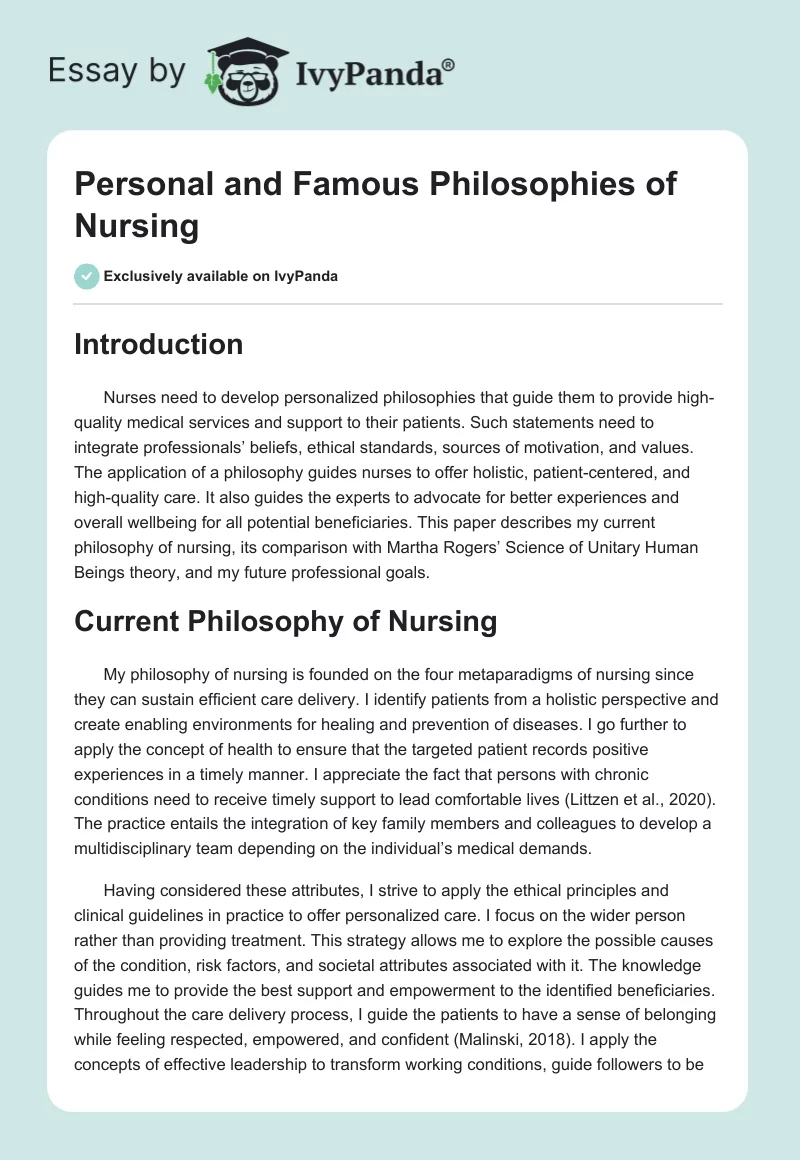 Personal and Famous Philosophies of Nursing. Page 1
