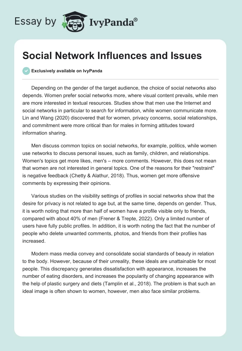 Social Network Influences and Issues. Page 1