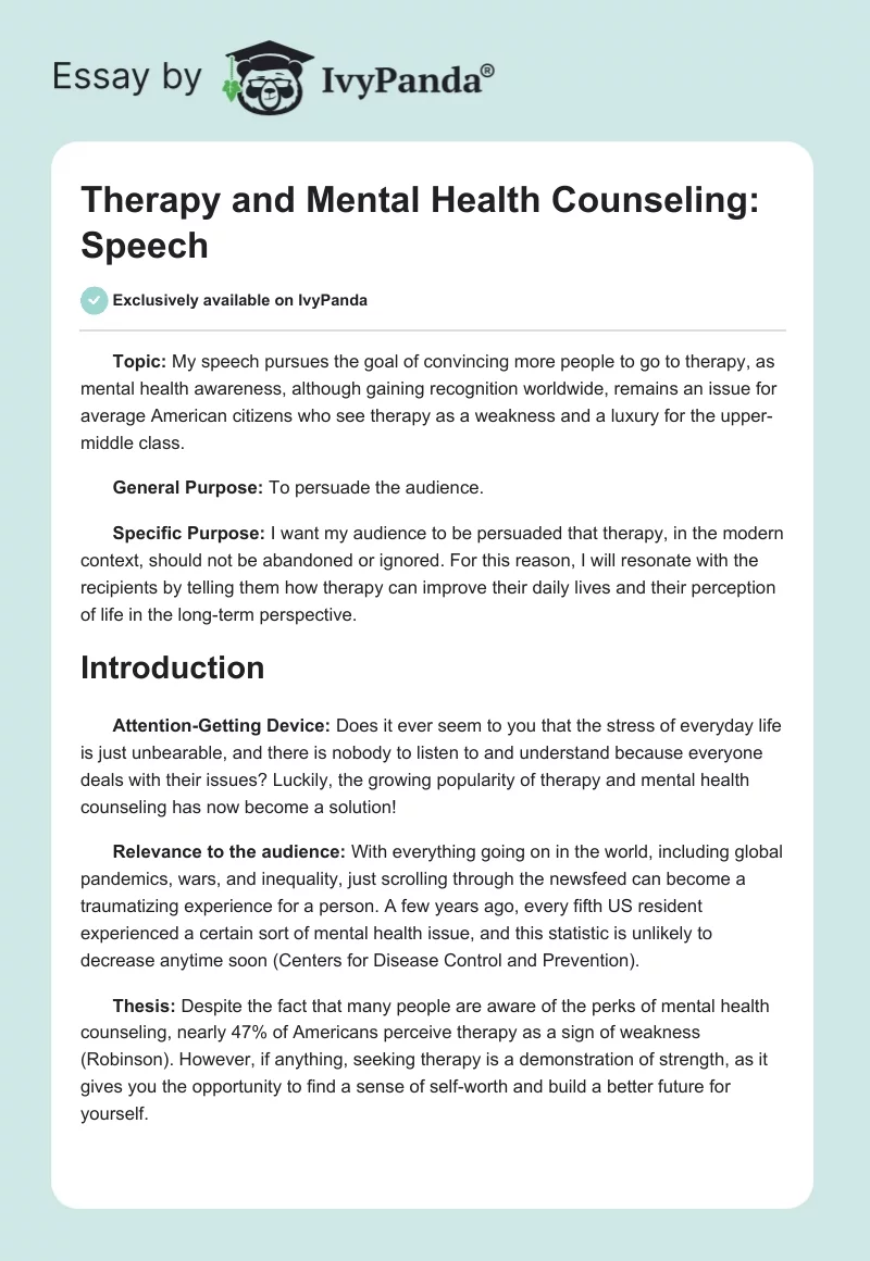 Therapy and Mental Health Counseling: Speech. Page 1