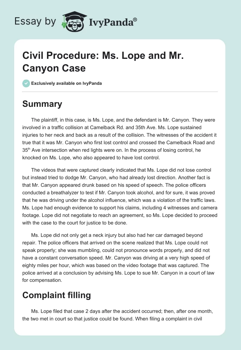 Civil Procedure: Ms. Lope and Mr. Canyon Case. Page 1