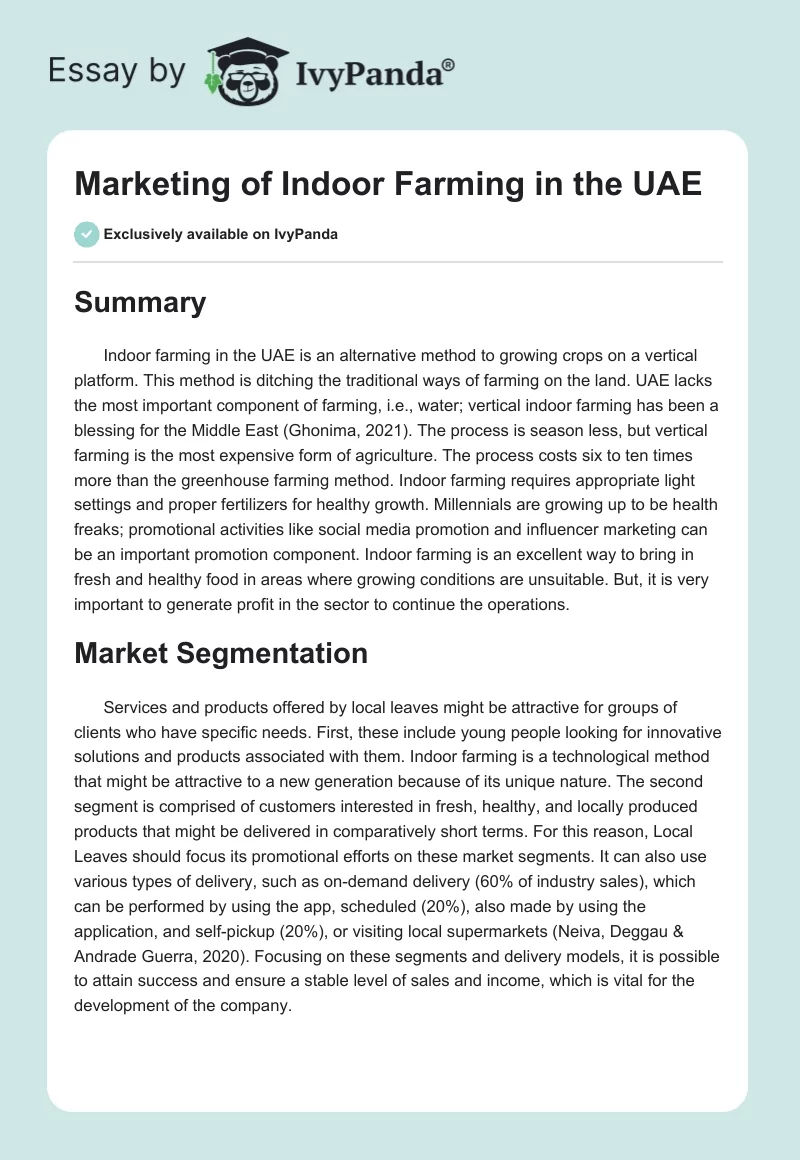 Marketing of Indoor Farming in the UAE. Page 1