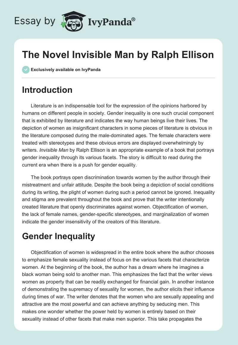 The Novel "Invisible Man" by Ralph Ellison. Page 1