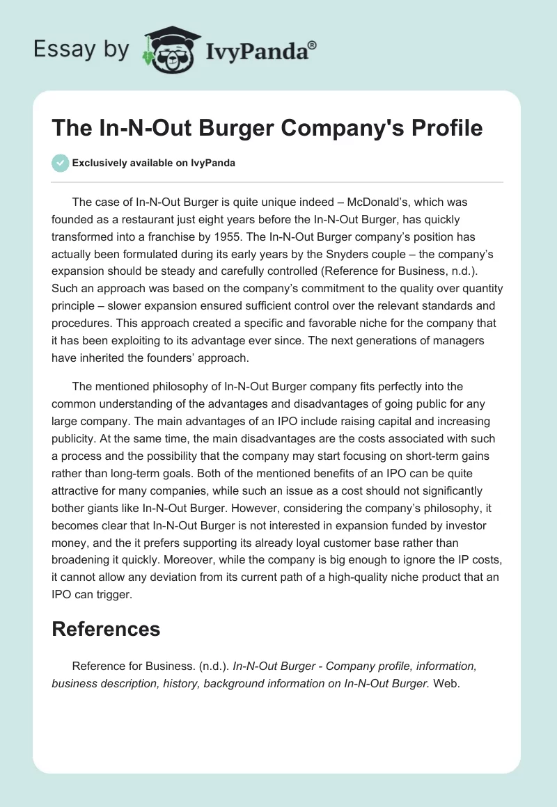 The In-N-Out Burger Company's Profile. Page 1