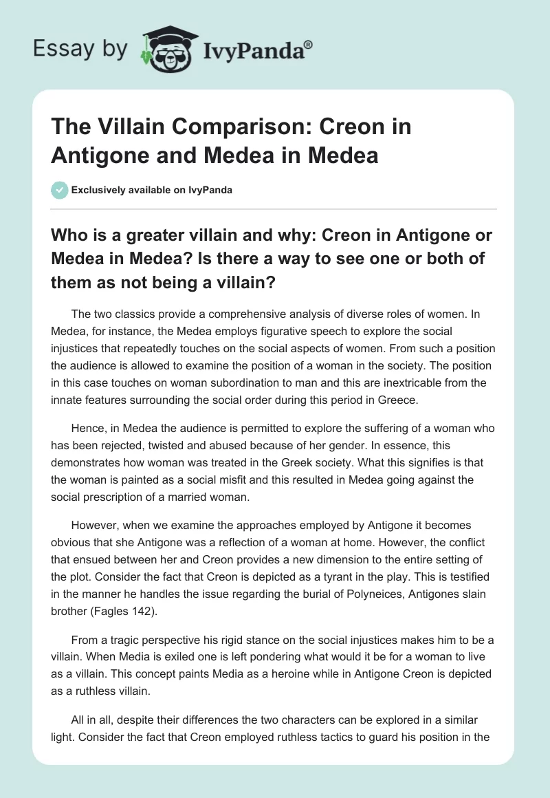The Villain Comparison: Creon in Antigone and Medea in Medea. Page 1