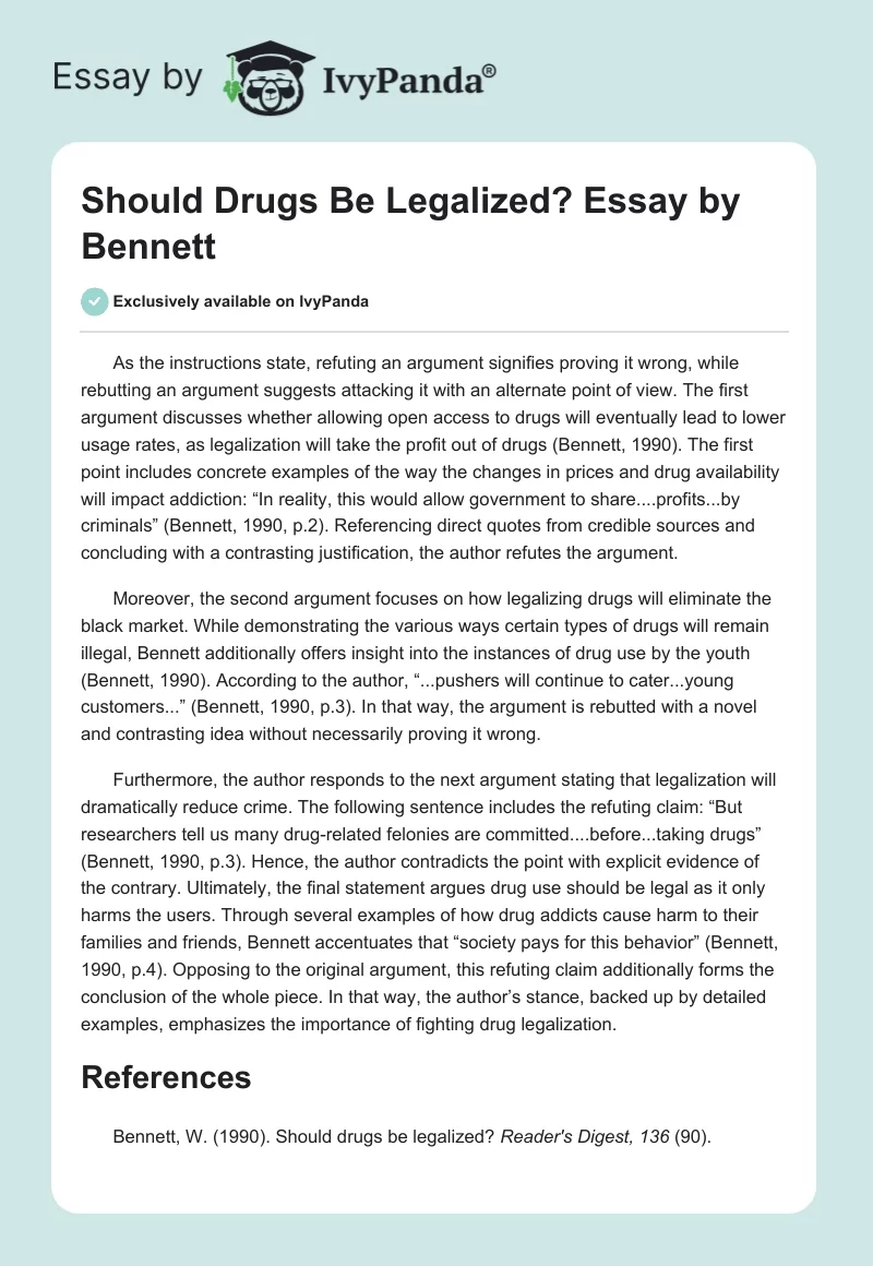 "Should Drugs Be Legalized?" Essay by Bennett. Page 1