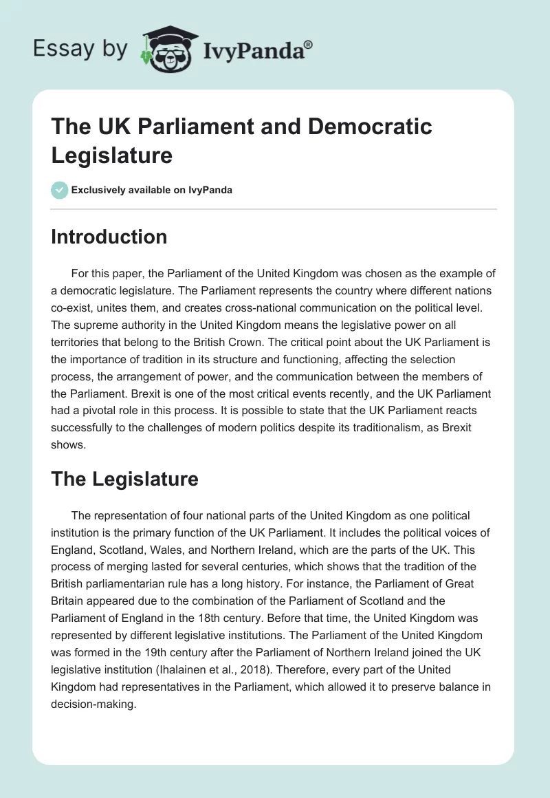 The UK Parliament and Democratic Legislature. Page 1