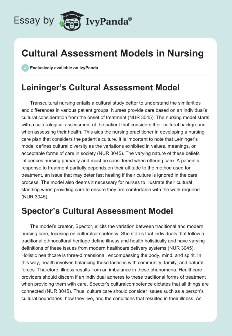 Cultural Assessment Models in Nursing. Page 1