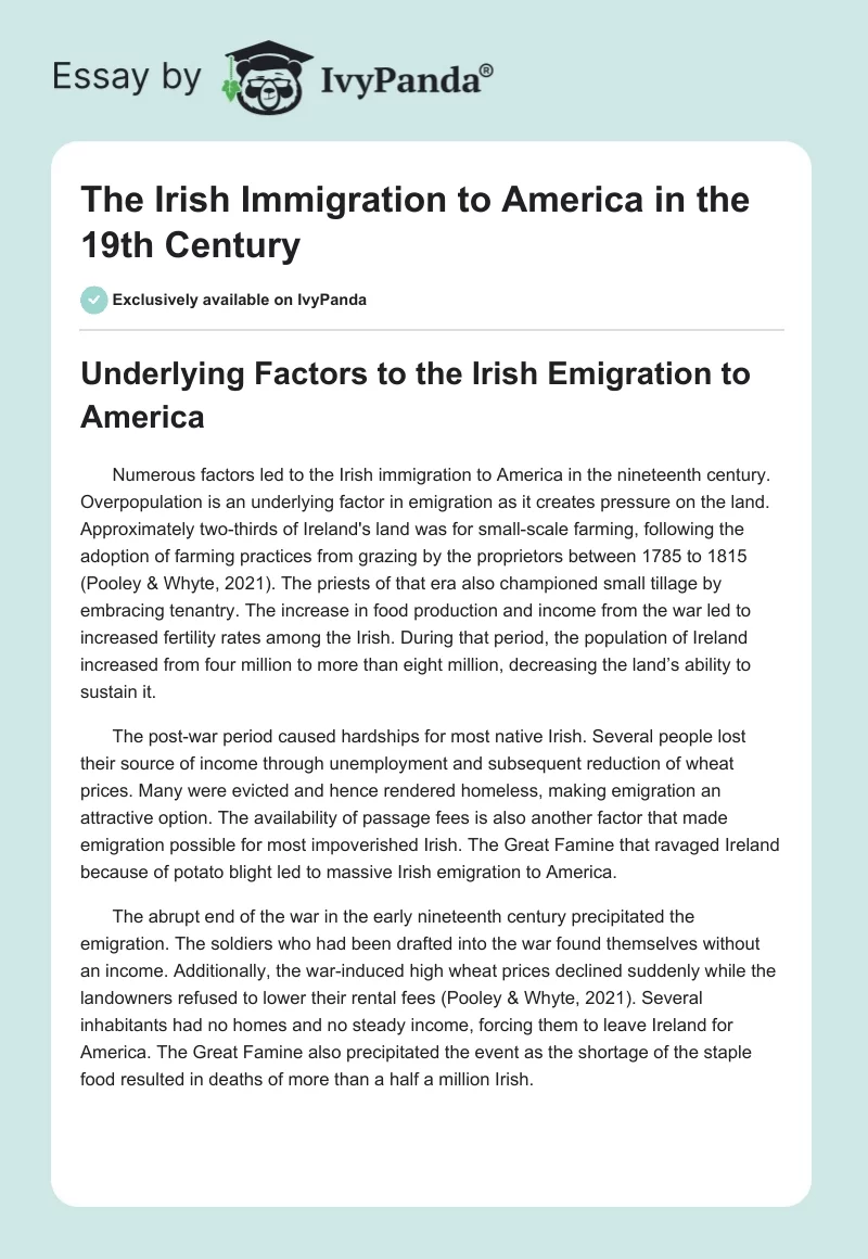 The Irish Immigration to America in the 19th Century. Page 1