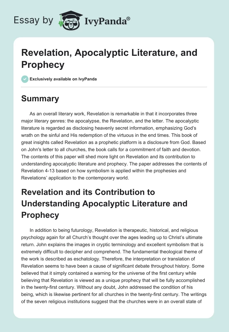 Revelation, Apocalyptic Literature, and Prophecy. Page 1