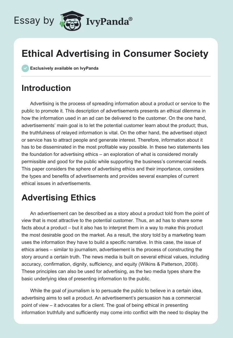 Ethical Advertising in Consumer Society. Page 1