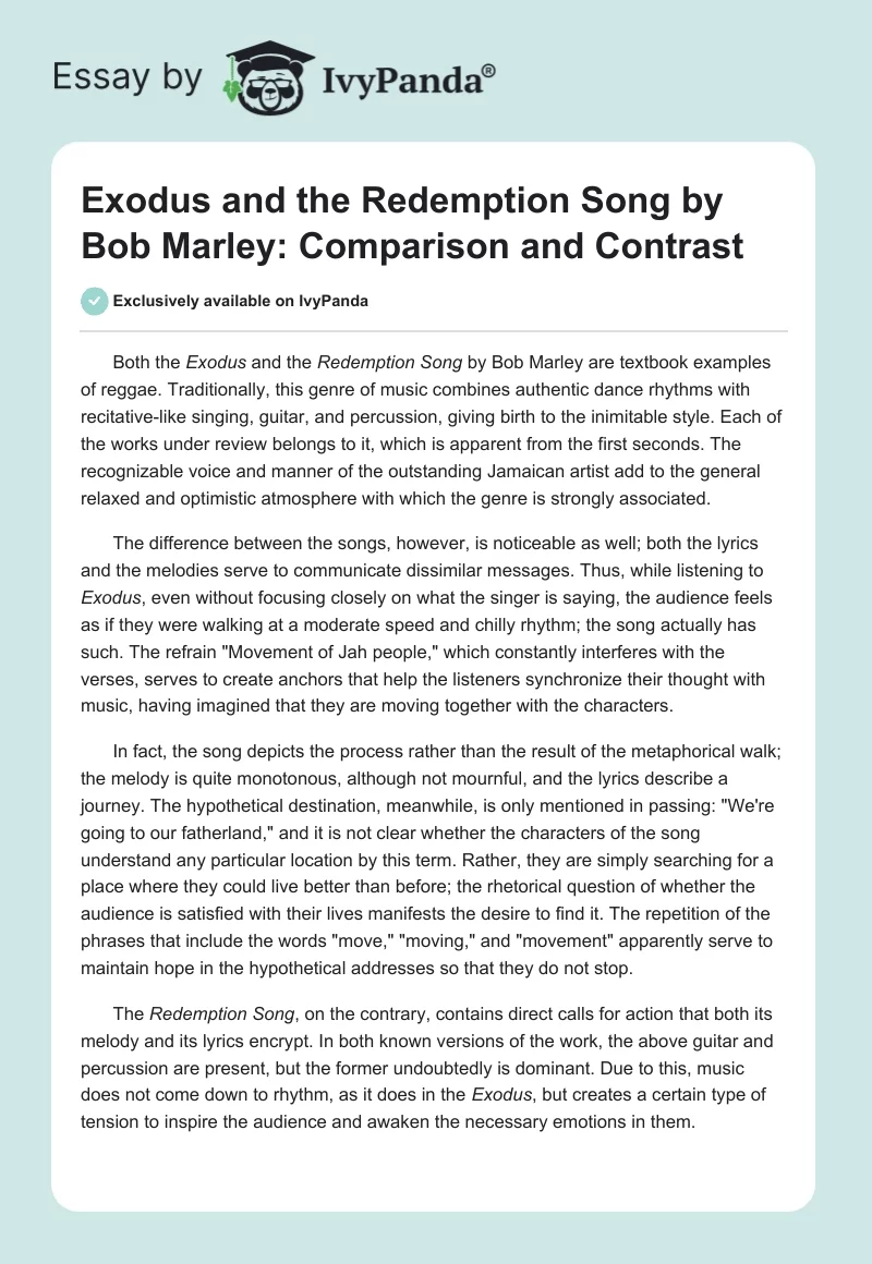 Exodus and the Redemption Song by Bob Marley: Comparison and Contrast. Page 1