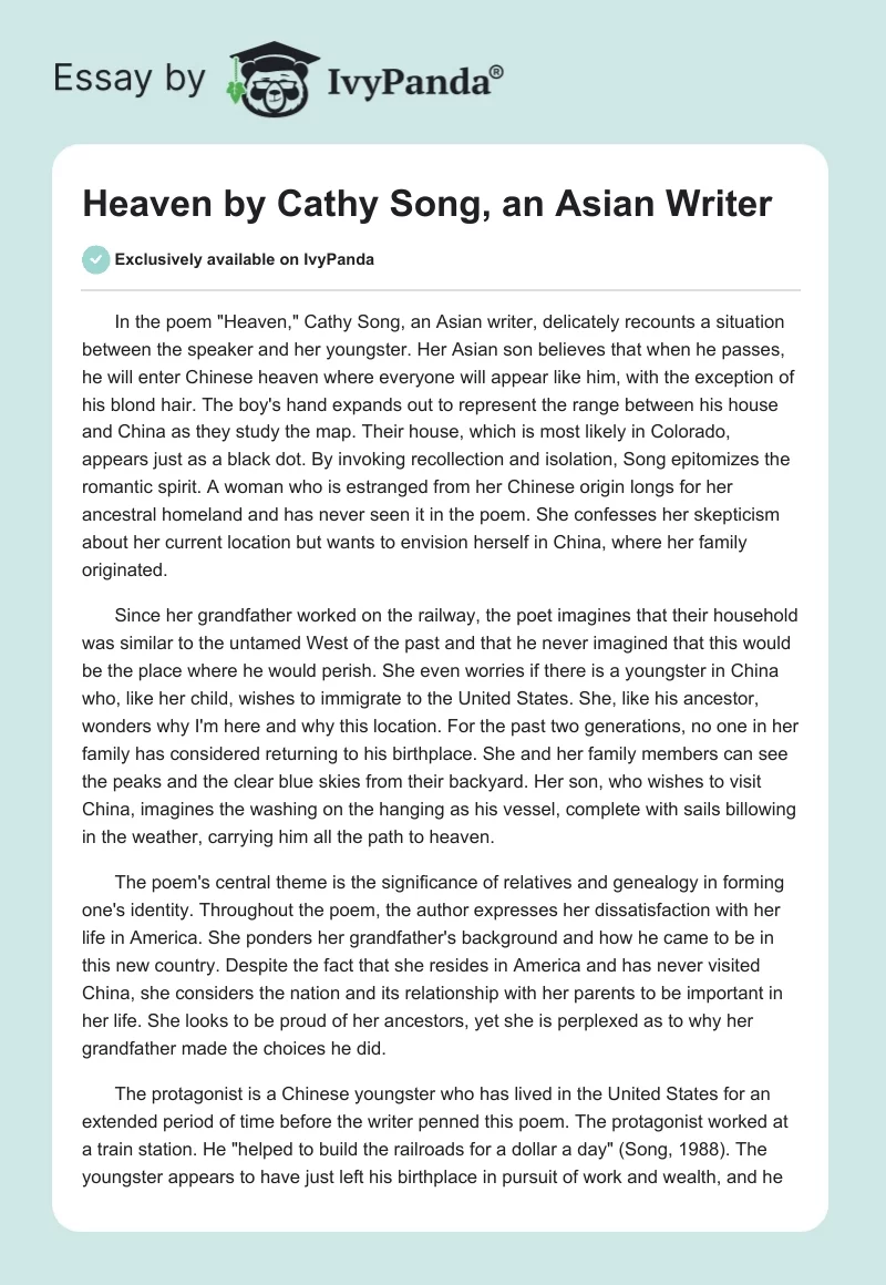 "Heaven" by Cathy Song, an Asian Writer. Page 1