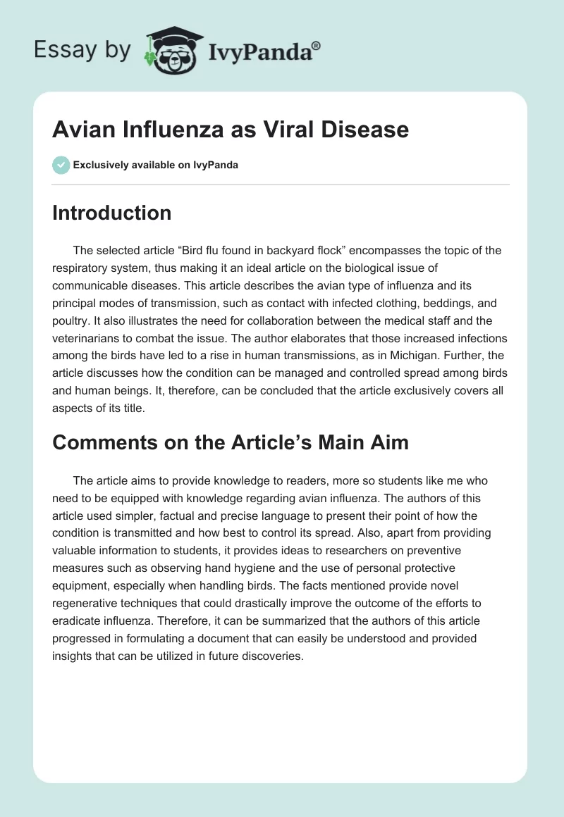 Avian Influenza as Viral Disease. Page 1