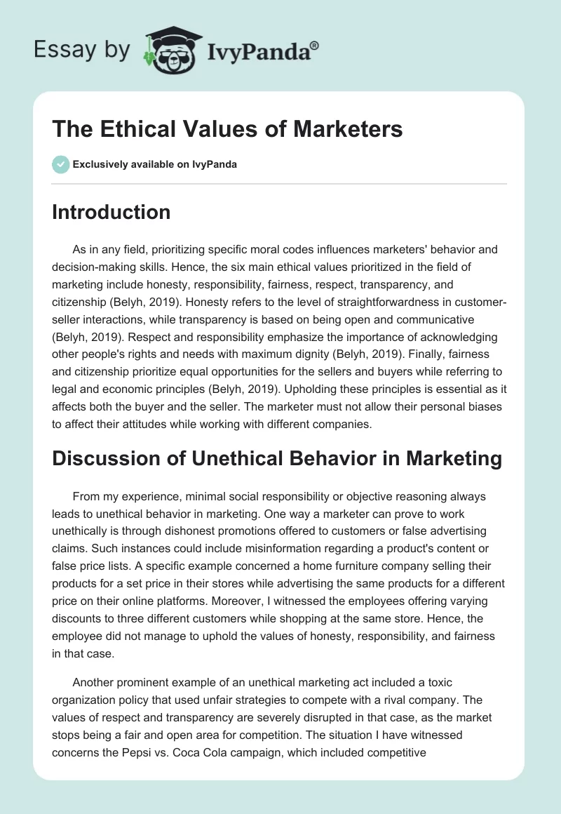 The Ethical Values of Marketers. Page 1