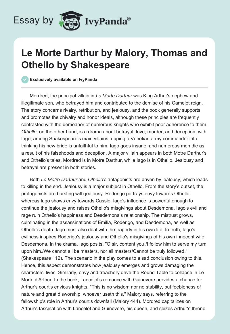 "Le Morte Darthur" by Malory, Thomas and "Othello" by Shakespeare. Page 1