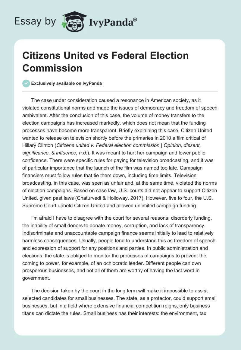 Citizens United vs Federal Election Commission. Page 1