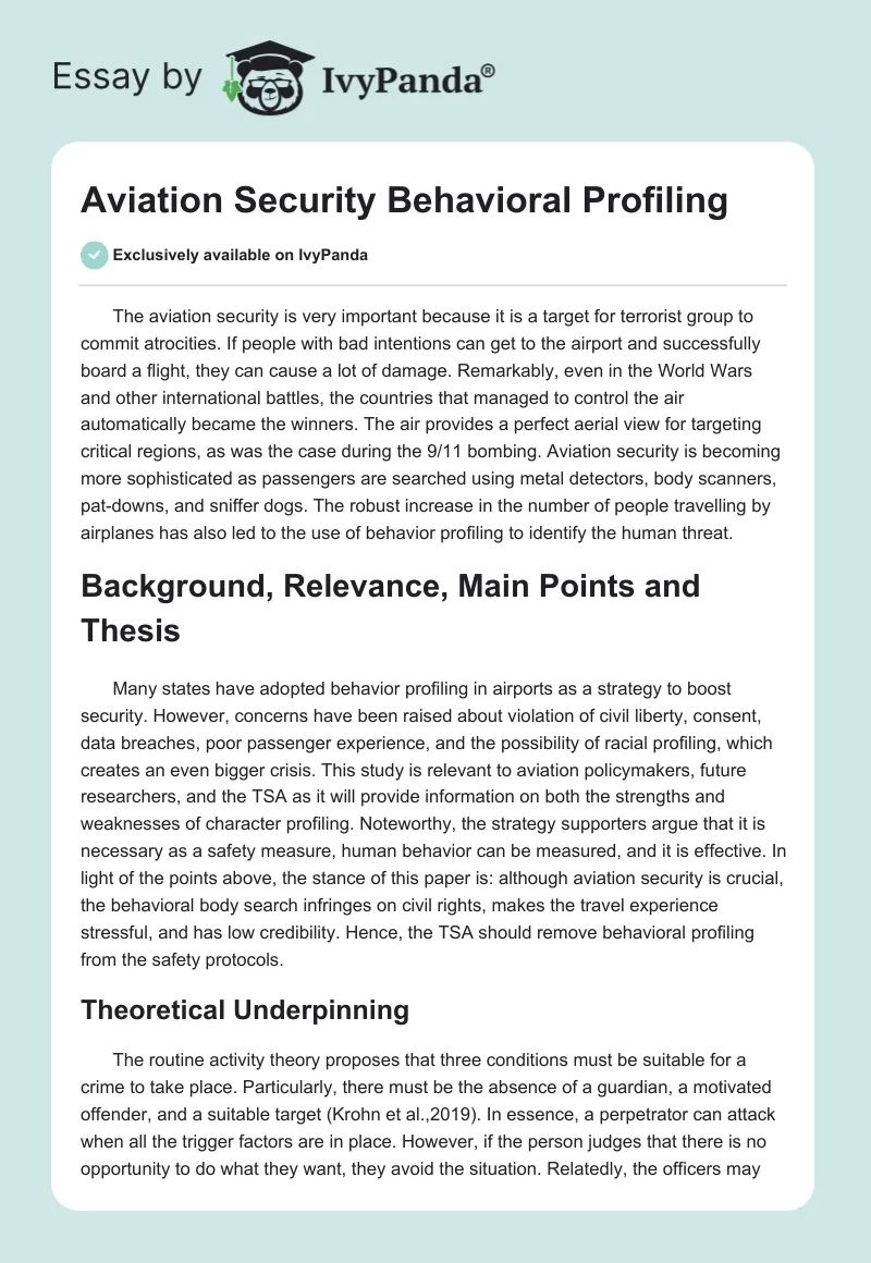 Aviation Security Behavioral Profiling. Page 1
