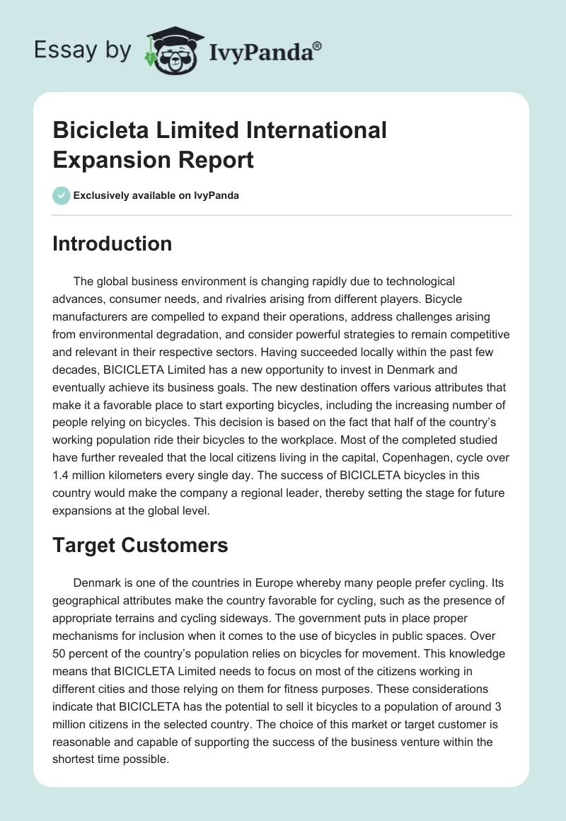 Bicicleta Limited International Expansion Report. Page 1