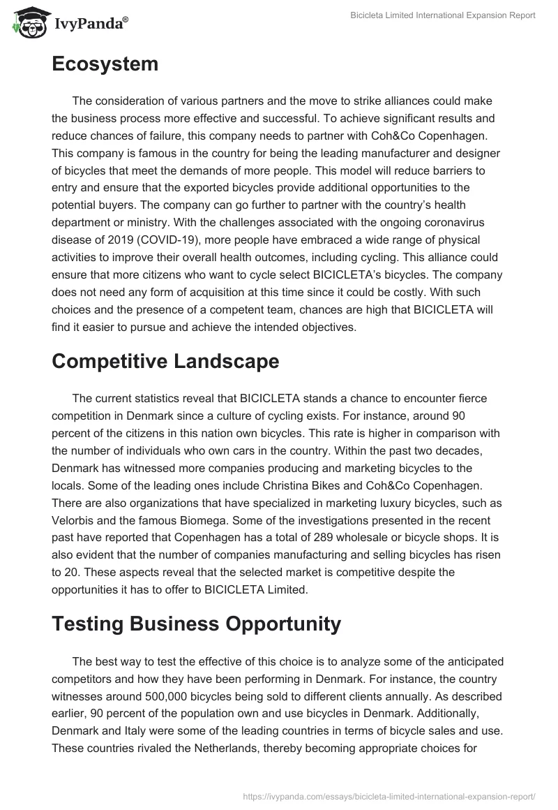 Bicicleta Limited International Expansion Report. Page 2
