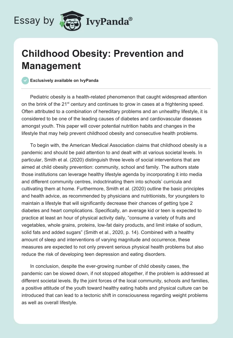 Childhood Obesity: Prevention and Management. Page 1