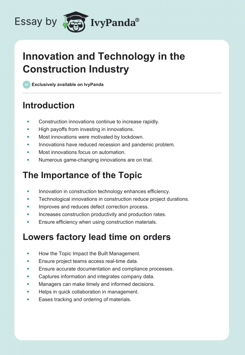 Innovation and Technology in the Construction Industry. Page 1