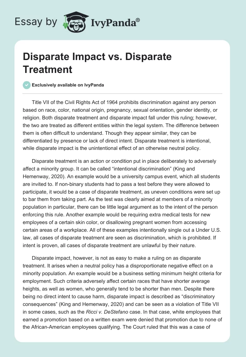Disparate Impact vs. Disparate Treatment. Page 1
