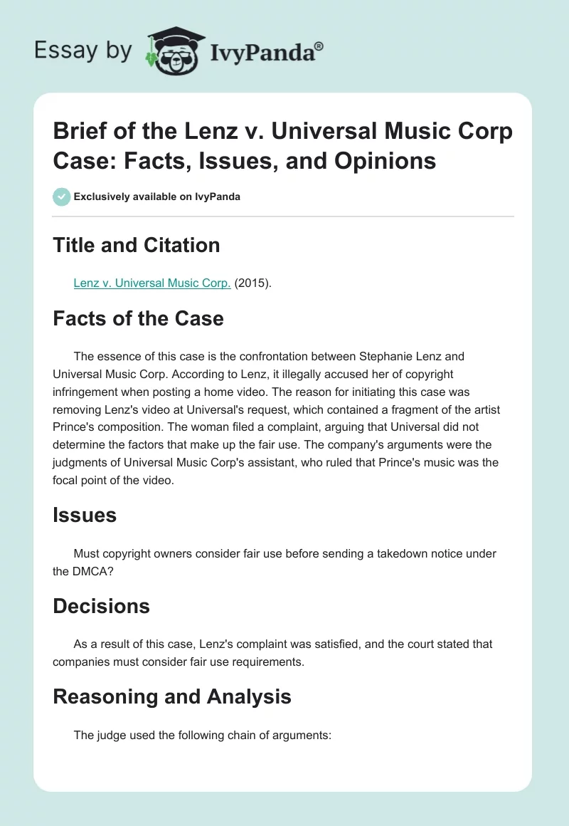 Brief of the Lenz v. Universal Music Corp Case: Facts, Issues, and Opinions. Page 1