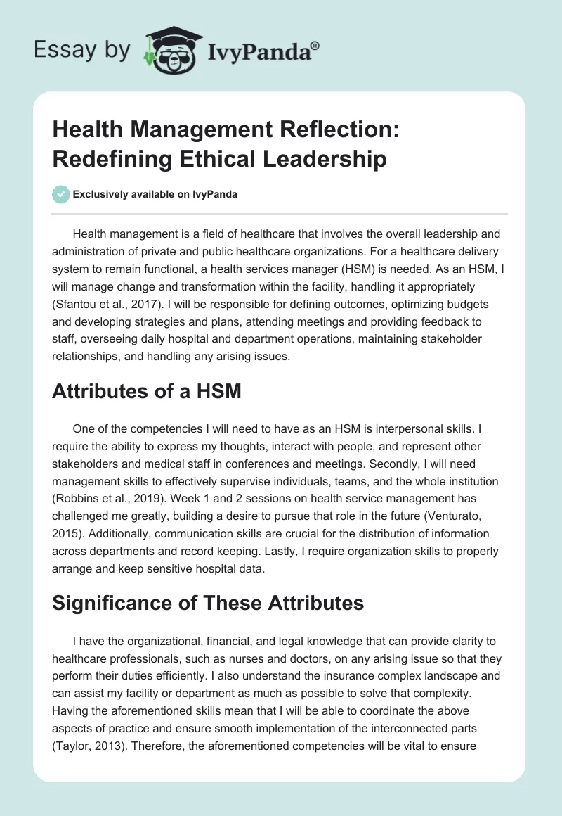 Health Management Reflection: Redefining Ethical Leadership. Page 1