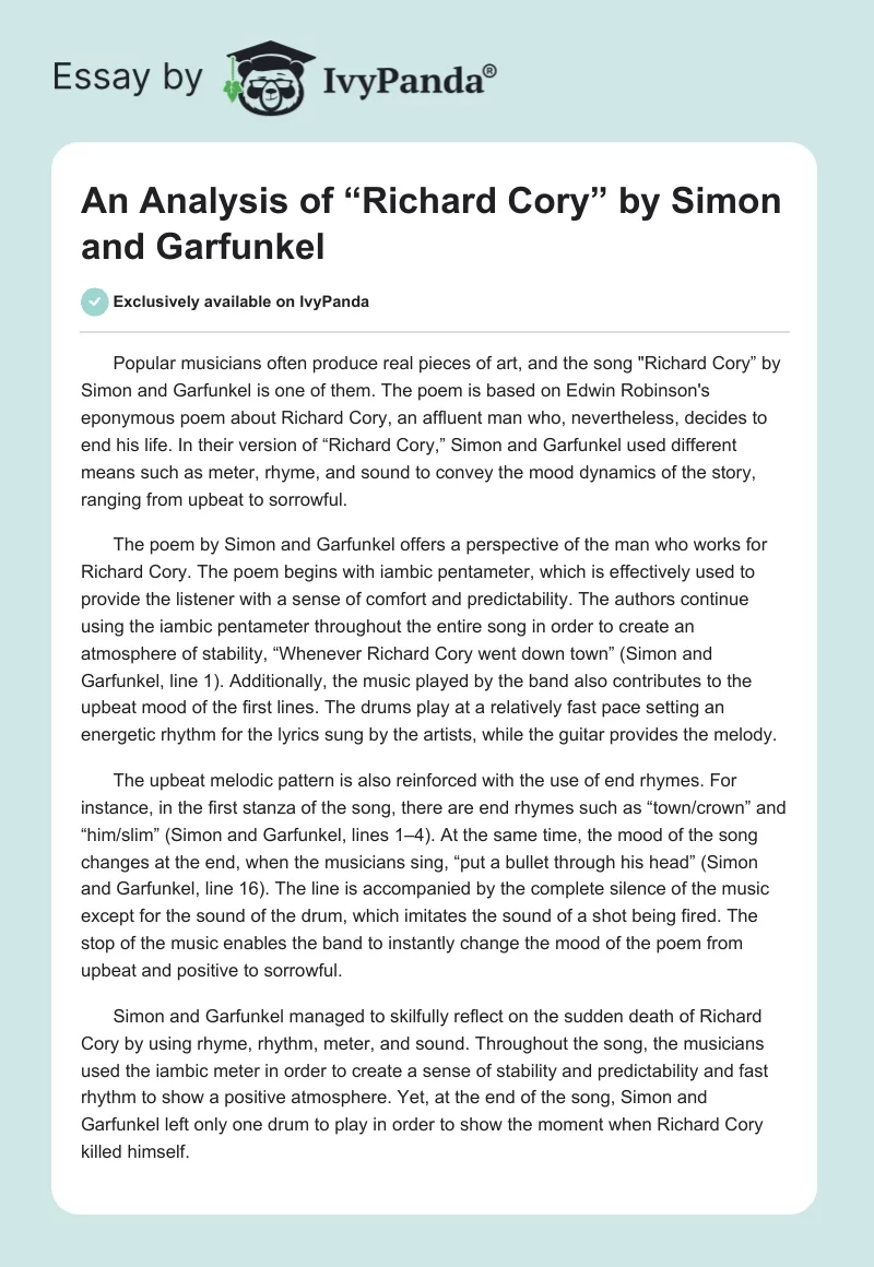 An Analysis of “Richard Cory” by Simon and Garfunkel. Page 1