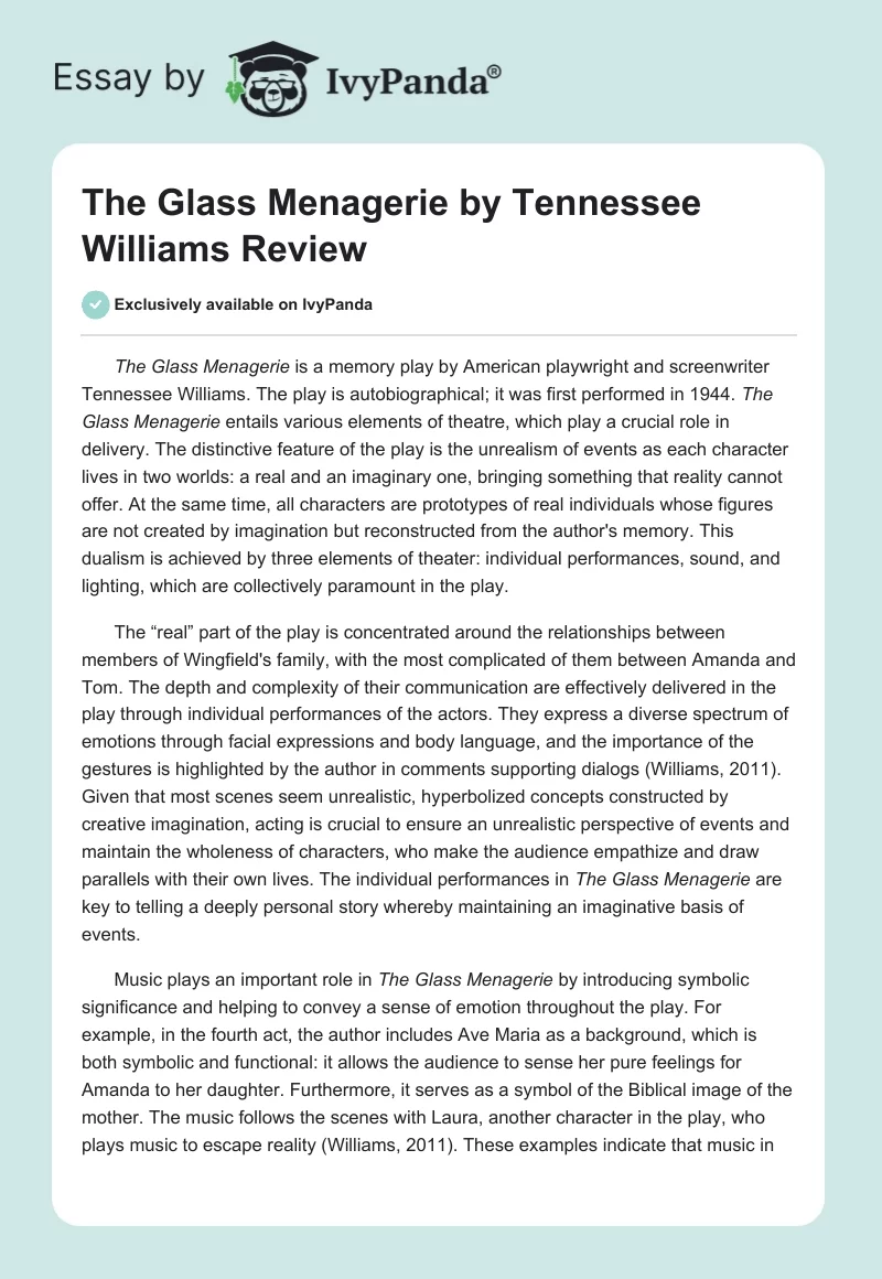 The Glass Menagerie by Tennessee Williams Review. Page 1