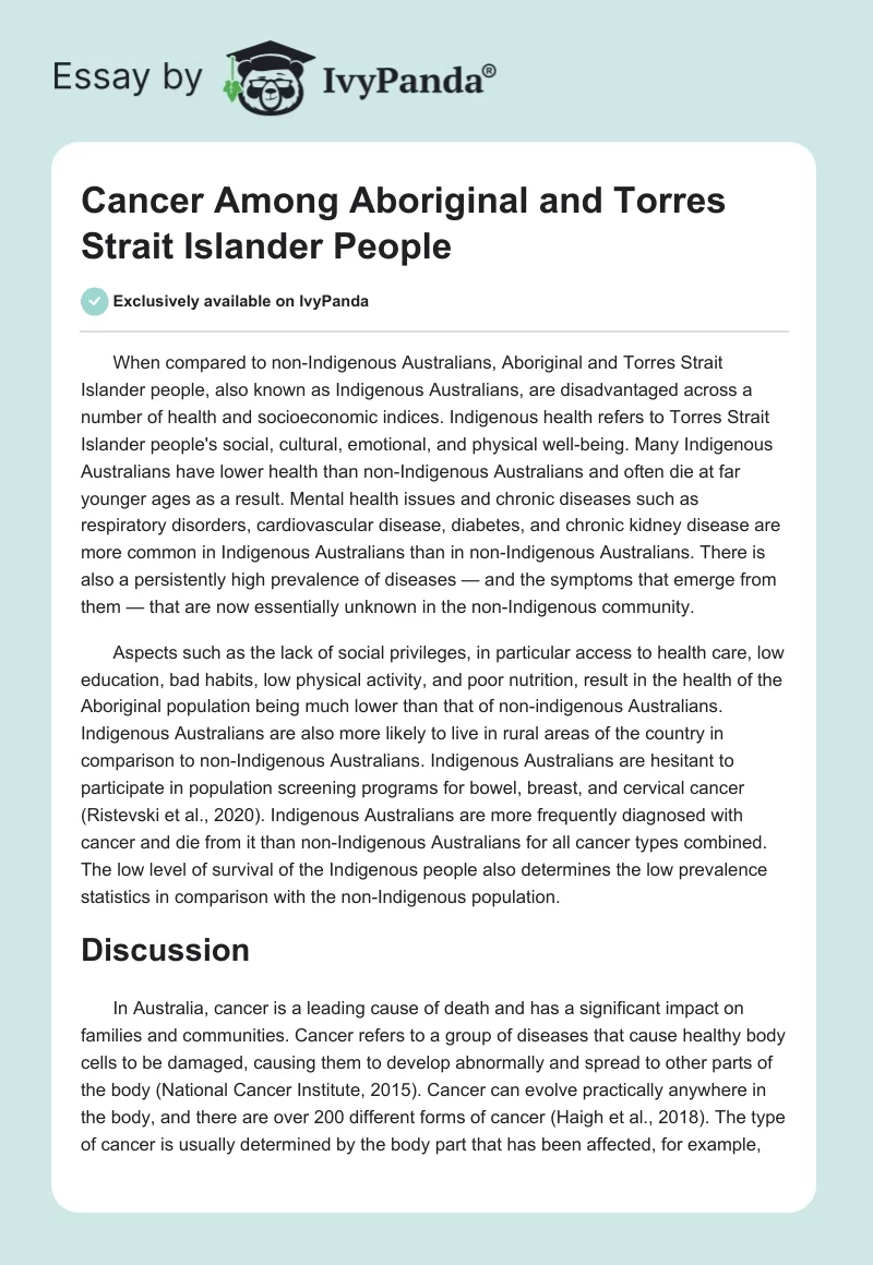 Cancer Among Aboriginal and Torres Strait Islander People. Page 1