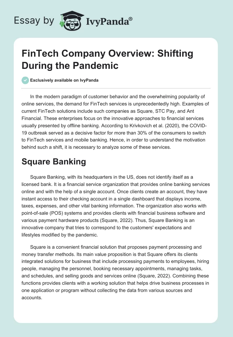 FinTech Company Overview: Shifting During the Pandemic. Page 1