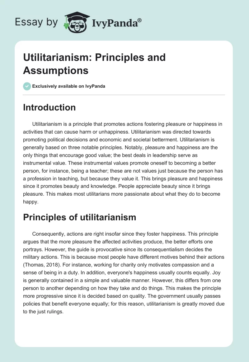 Utilitarianism: Principles and Assumptions. Page 1