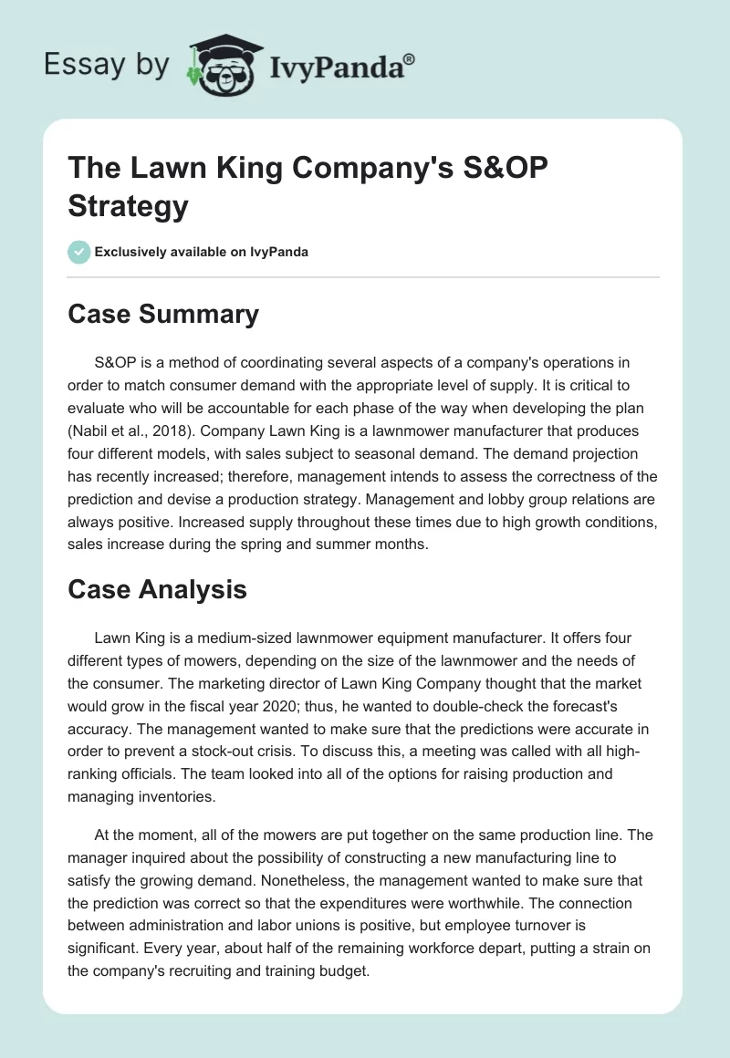 The Lawn King Company's S&OP Strategy. Page 1