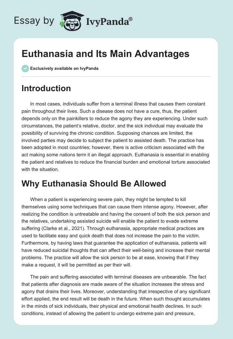 Euthanasia and Its Main Advantages. Page 1