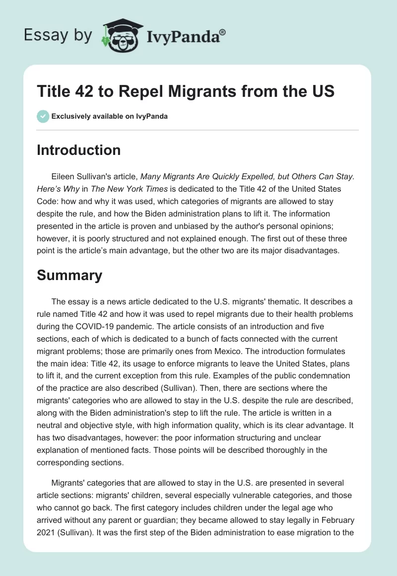 Title 42 to Repel Migrants from the US. Page 1