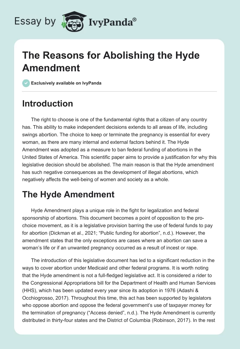 The Reasons for Abolishing the Hyde Amendment. Page 1