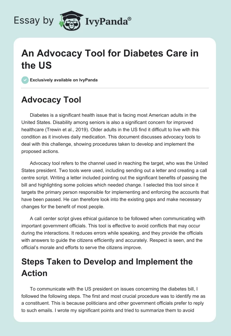 An Advocacy Tool for Diabetes Care in the US. Page 1