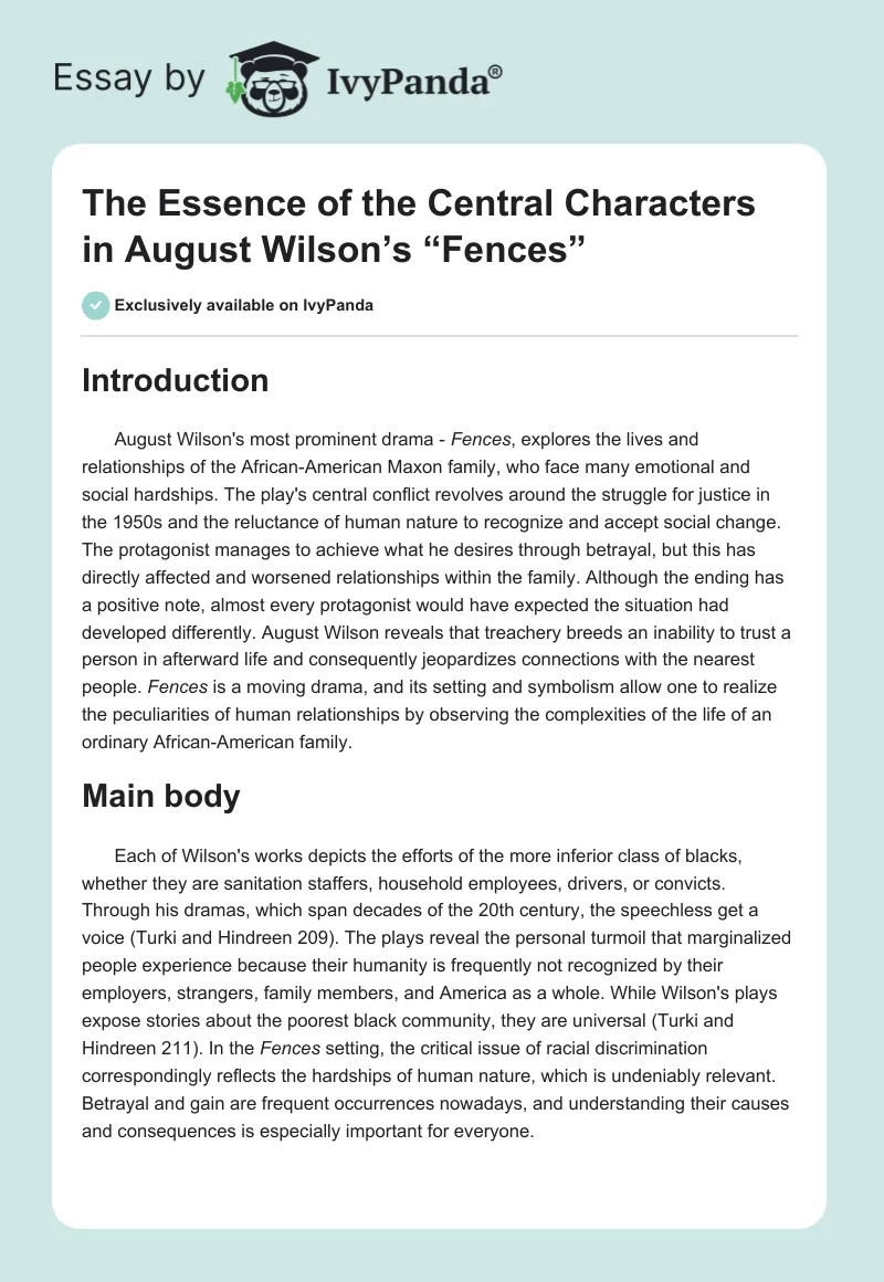 The Essence of the Central Characters in August Wilson’s “Fences”. Page 1