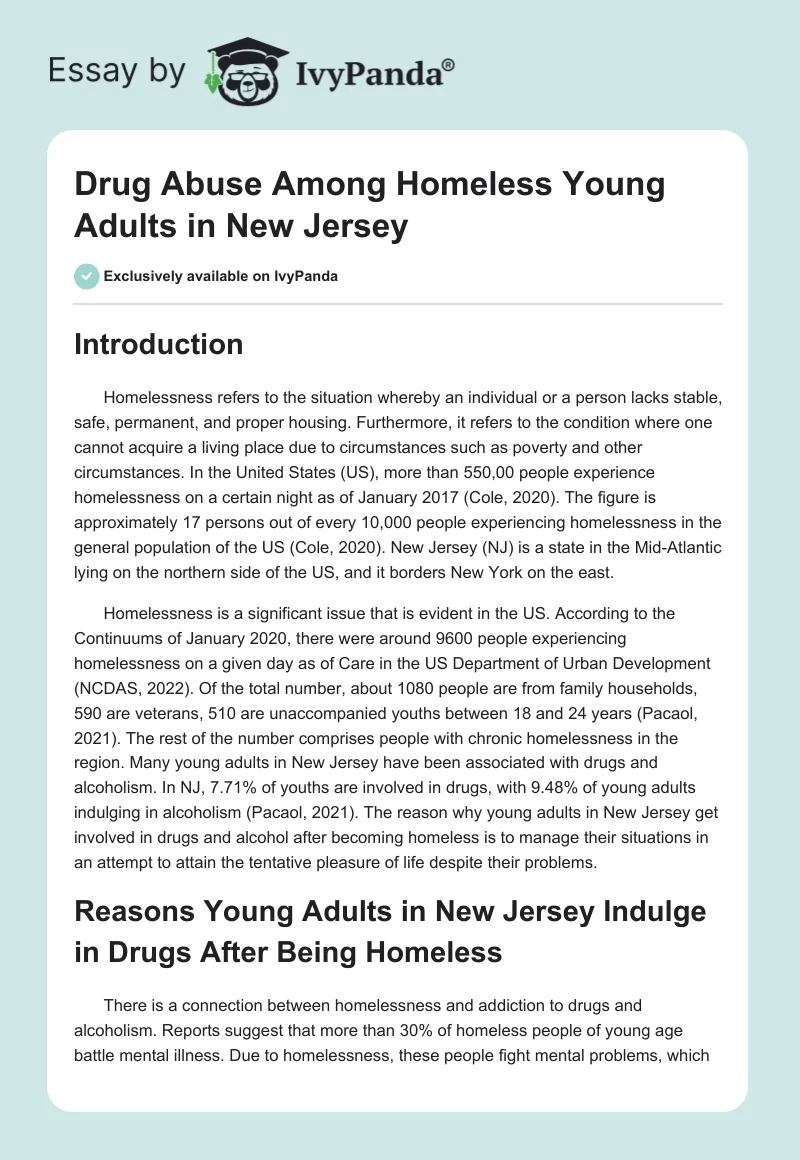 Drug Abuse Among Homeless Young Adults in New Jersey. Page 1